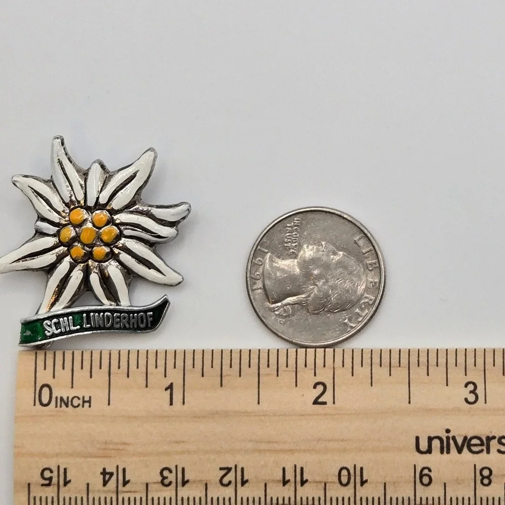 Vintage Edelweiss Flower Brooch Enamel Schl. Linderhof Souvenir Pin Bavarian